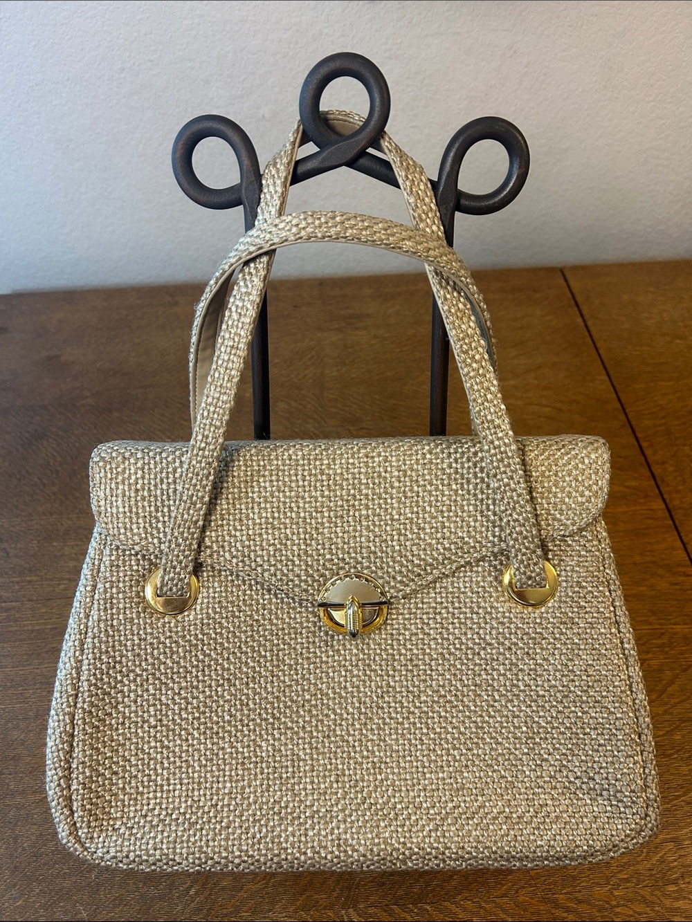 Vintage 50-60s Tweed Purse Gold Double Handle HTF Upholstery Like Handbag MCM - Picture 2 of 16